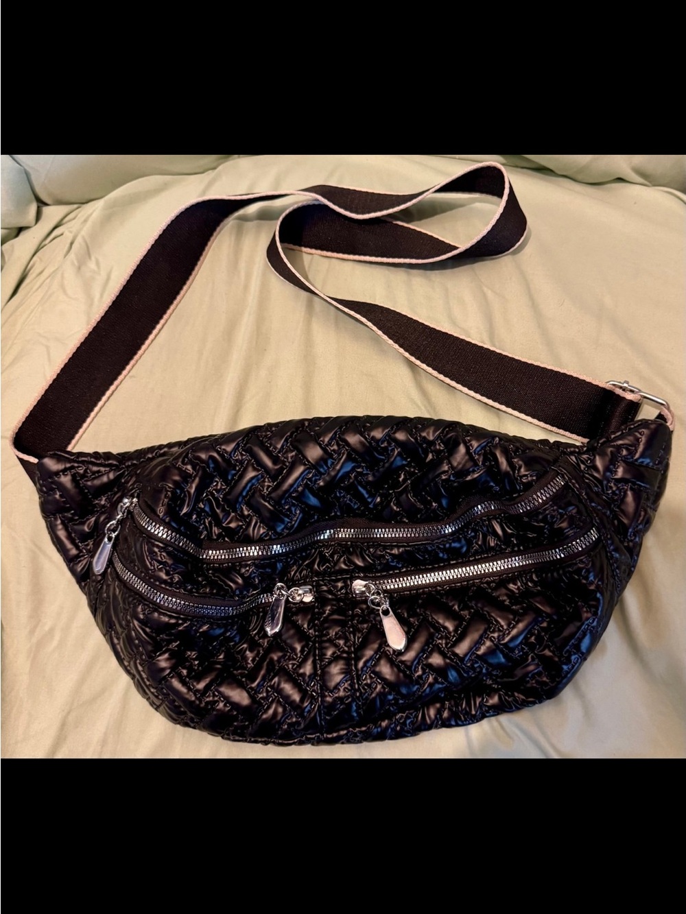 Black quilted zip front fanny pack crossbody bag